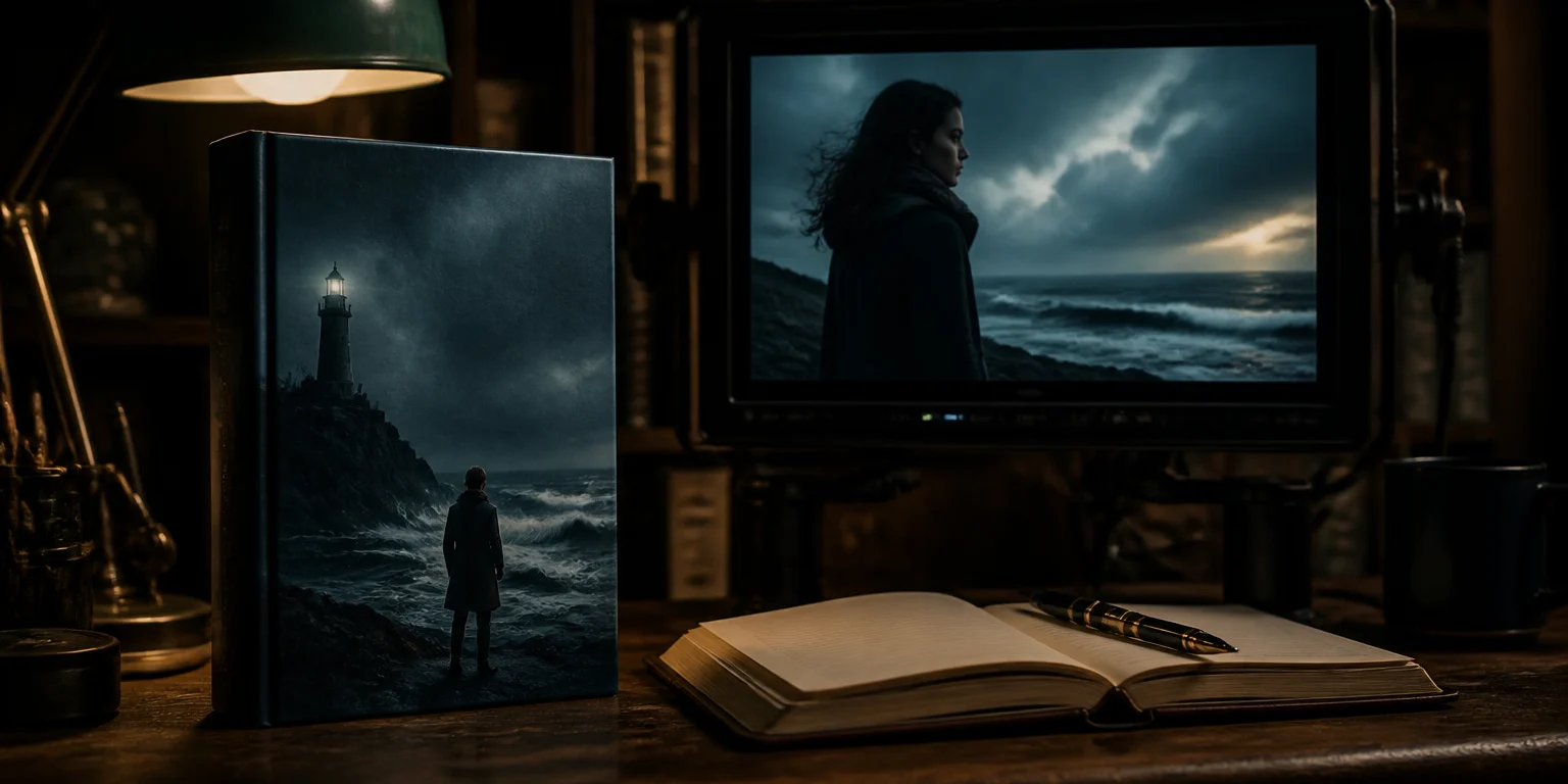 Libro sobre la mesa junto a un monitor con un fotograma del booktrailer