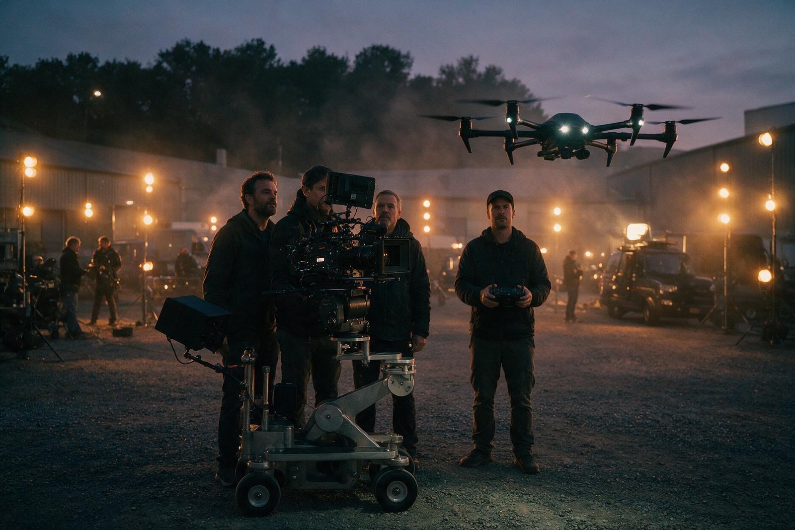 Equipo de rodaje con piloto de dron integrado en producción