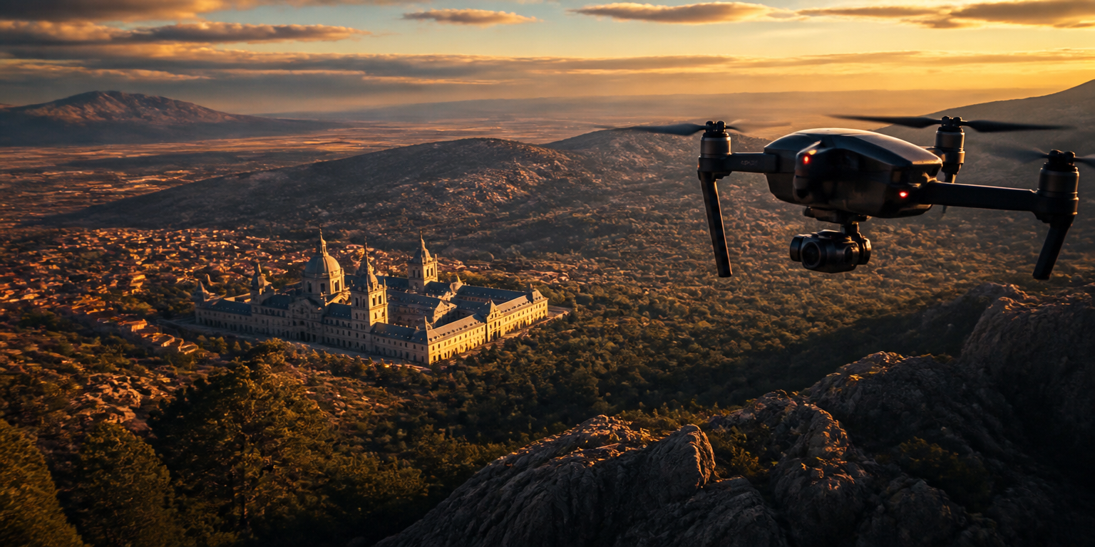Grabación con dron sobre el paisaje de Madrid al atardecer
