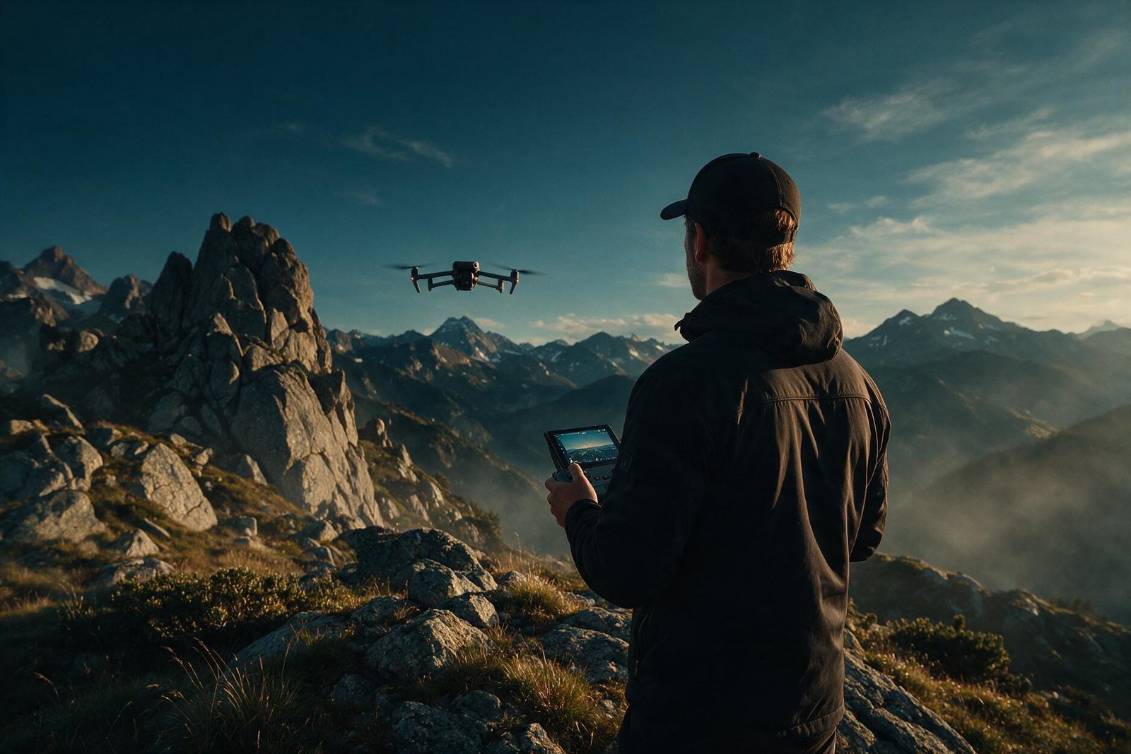Piloto de dron profesional operando el mando al atardecer