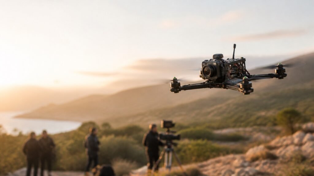 Dron FPV cinematográfico durante un rodaje audiovisual al amanecer
