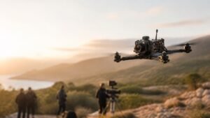 Dron FPV cinematográfico durante un rodaje audiovisual al amanecer