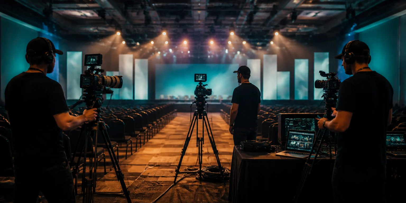 Equipo de producción montando tres cámaras en un auditorio antes de un evento