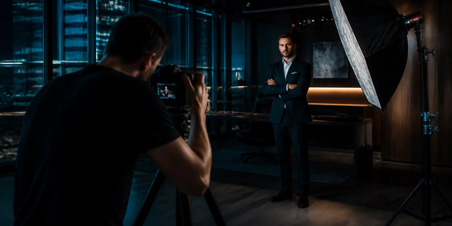 Sesión de fotografía corporativa en oficina con iluminación profesional