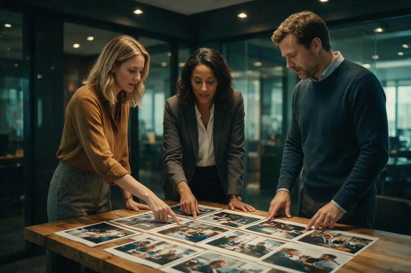 Selección de fotografías corporativas impresas sobre la mesa