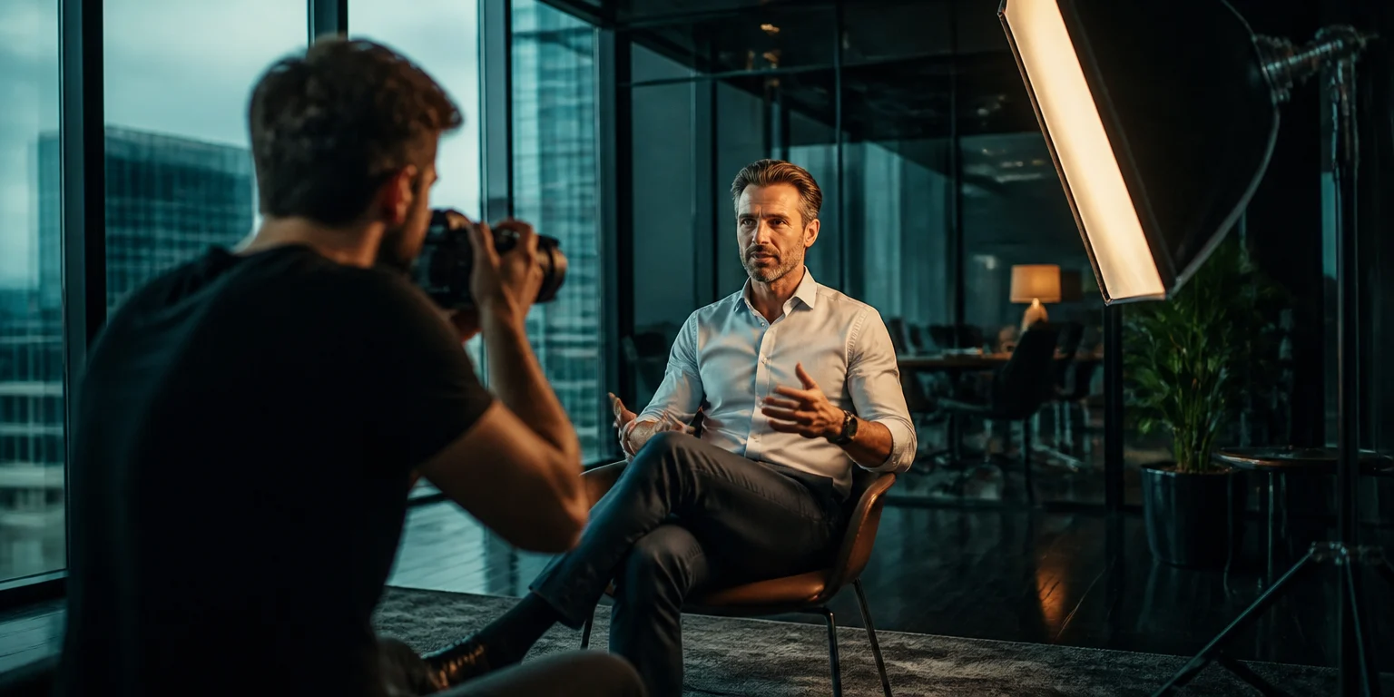 Sesión de retrato corporativo con fotógrafo, sujeto y ventana de luz