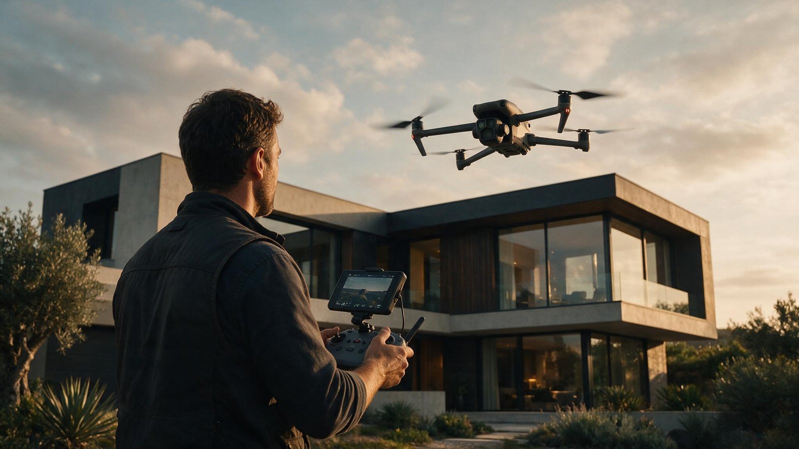 Operador de dron pilotando una aeronave sobre una vivienda de arquitectura contemporánea al atardecer