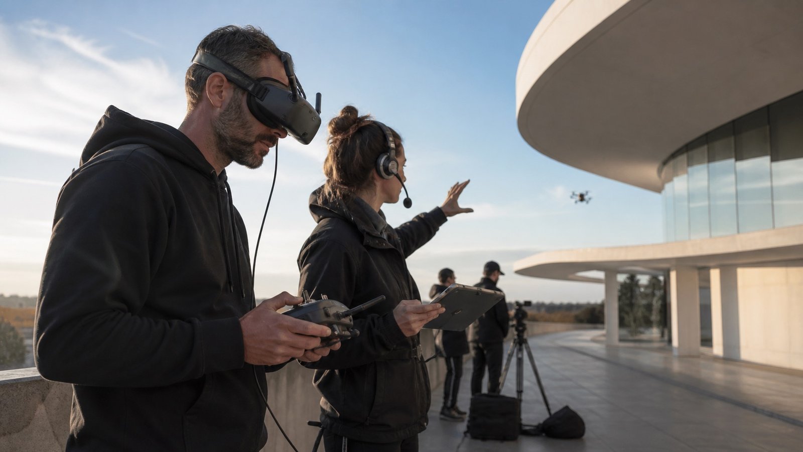 Piloto y observadora en un rodaje con drones FPV en el sector audiovisual