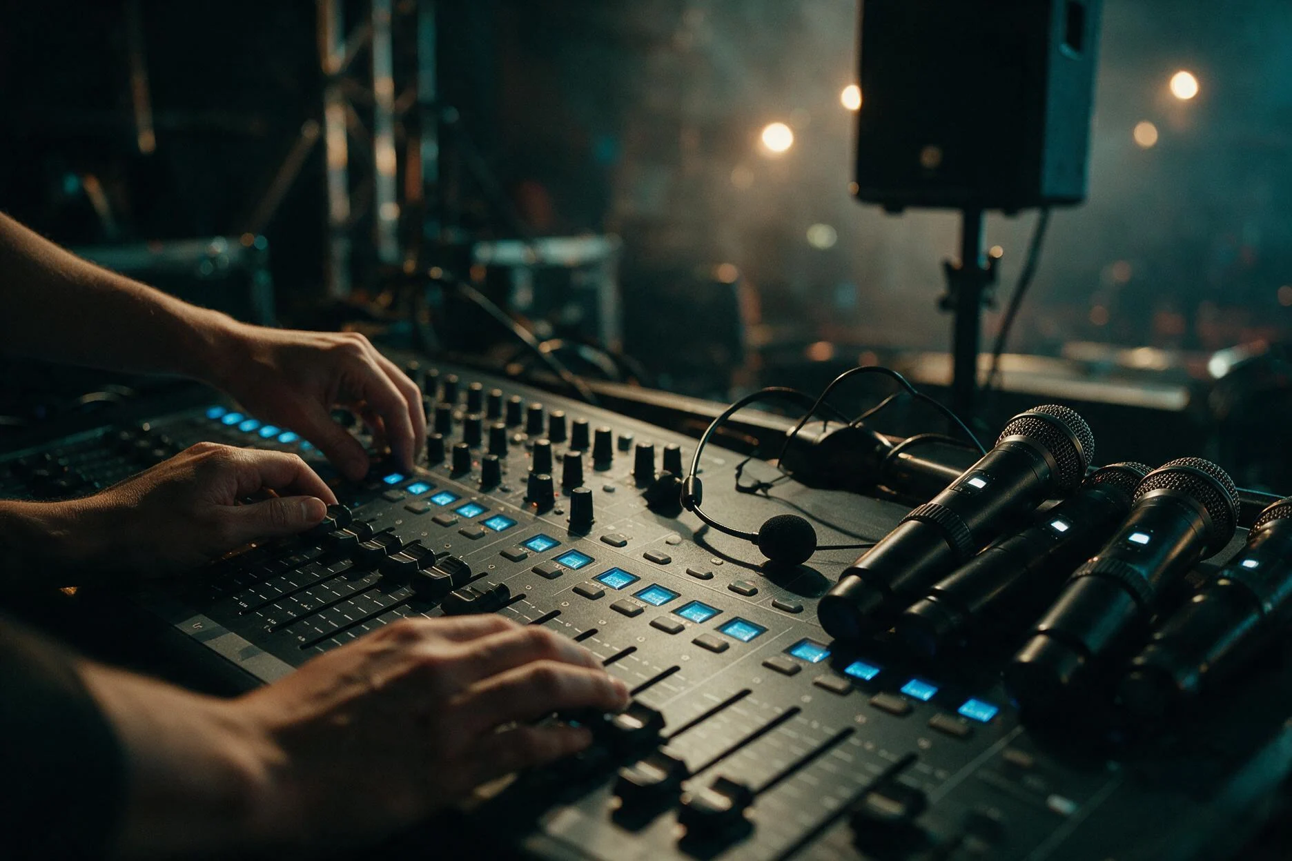 Técnico ajustando una mesa de sonido junto a micrófonos inalámbricos en un evento