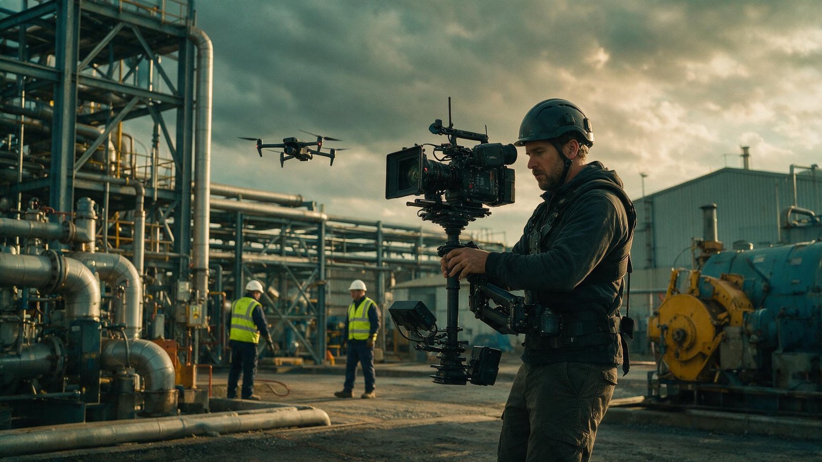 Rodaje con cámara de cine y dron en instalación industrial