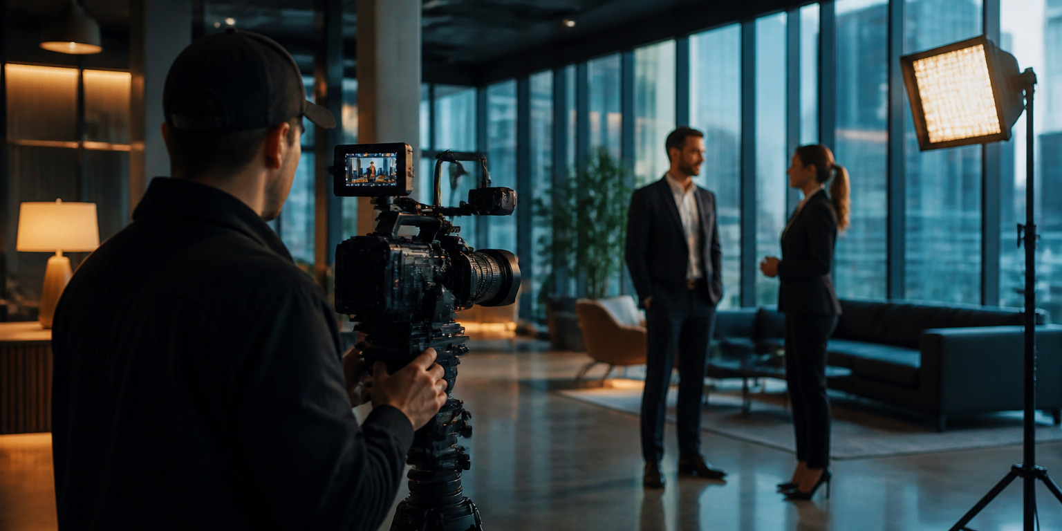 Rodaje de vídeo corporativo con cámara de cine en oficina