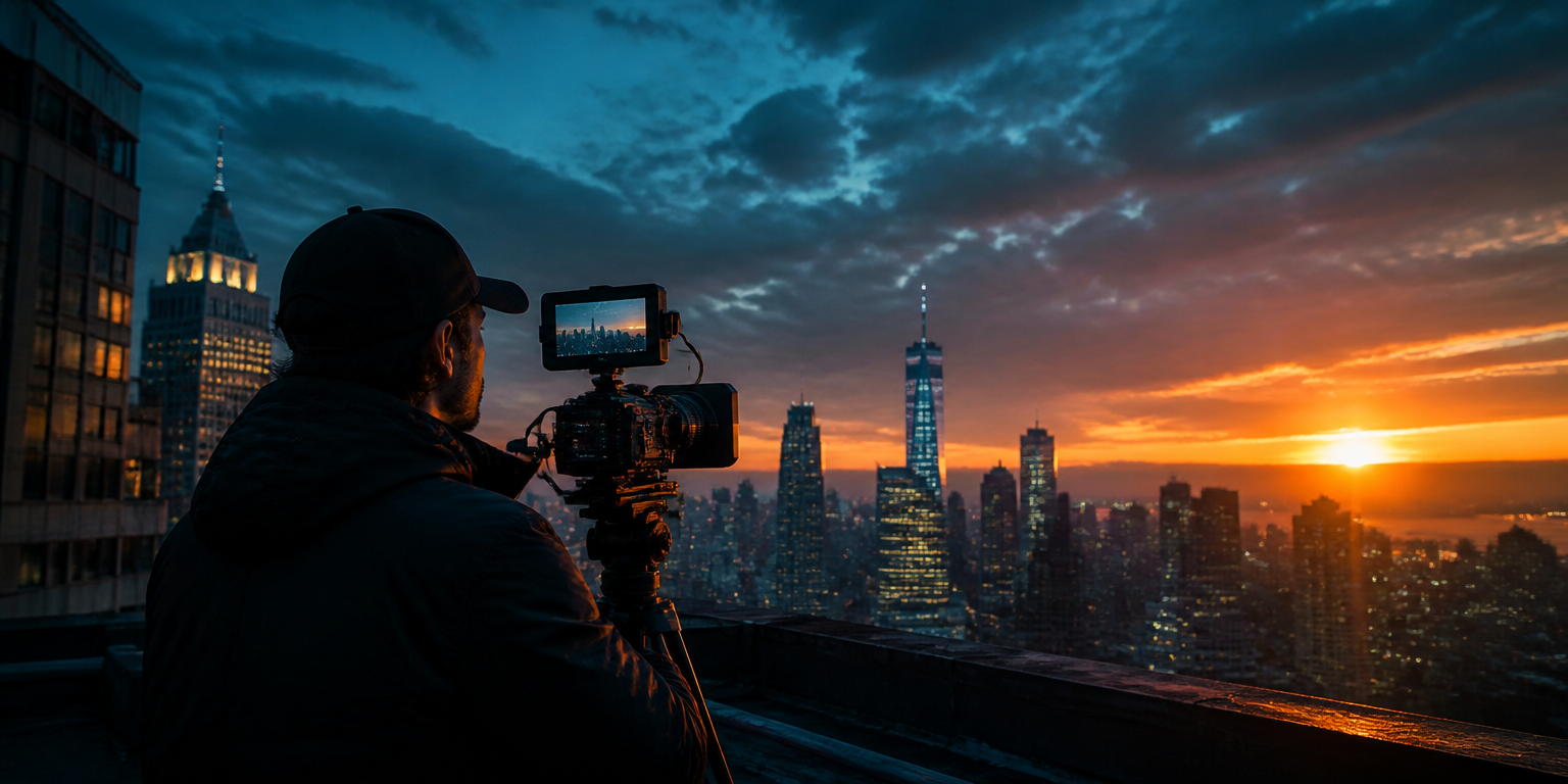 Cámara grabando el skyline de la ciudad al atardecer